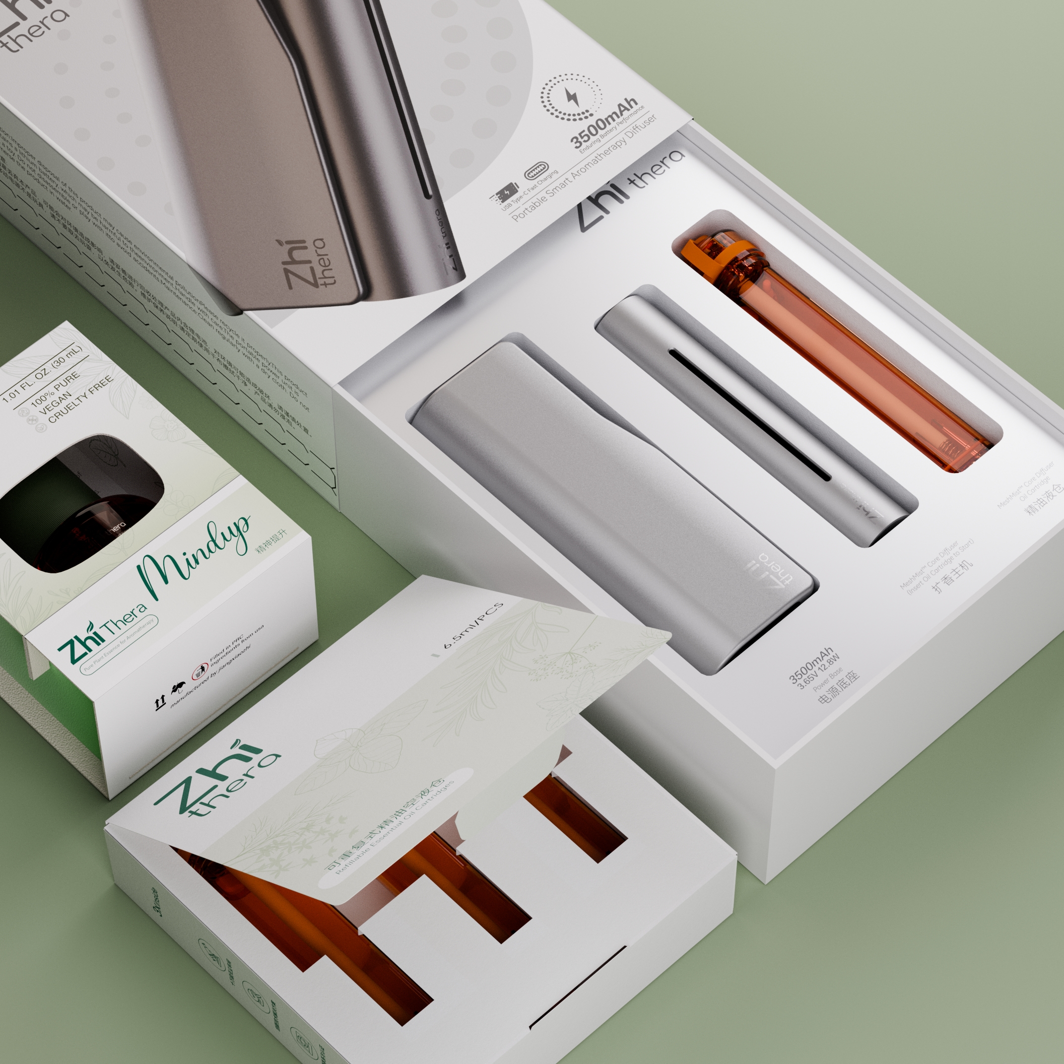 Zhi Thera Smart Portable Aromatherapy Ultrasonic Diffuser – 3500mAh LED Rechargeable Essential Oil Diffuser (Refillable Cartridge Sold Separately)