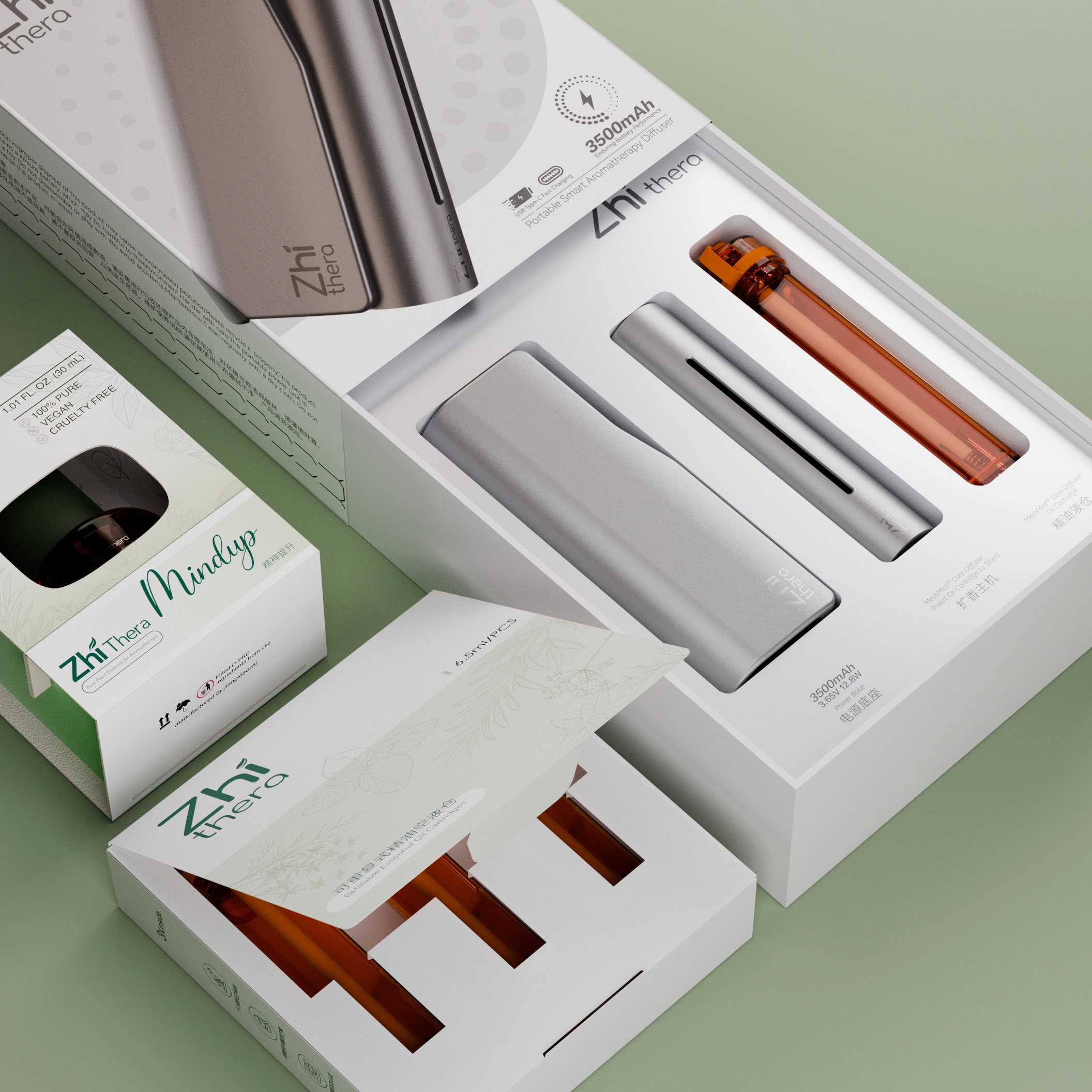 Zhi Thera Smart Portable Aromatherapy Ultrasonic Diffuser – 3500mAh LED Rechargeable Essential Oil Diffuser (Refillable Cartridge Sold Separately)