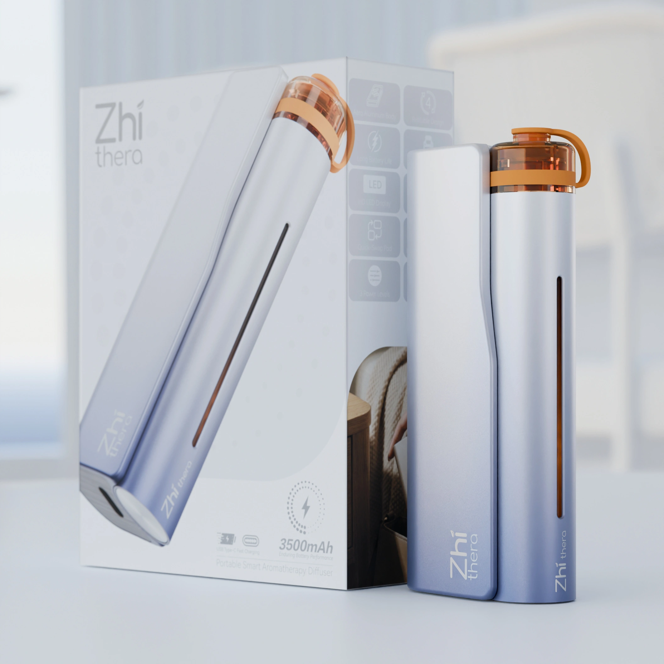 Zhi Thera Smart Portable Aromatherapy Ultrasonic Diffuser – 3500mAh LED Rechargeable Essential Oil Diffuser (Refillable Cartridge Sold Separately)